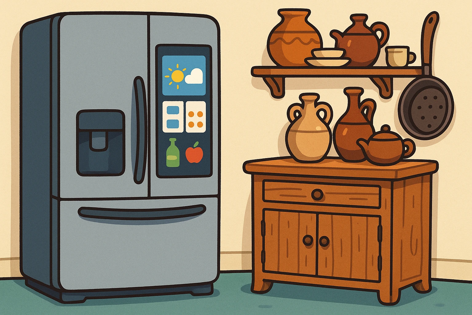 A close-up of a sleek, modern kitchen showcasing a high-tech Best Buy refrigerator with smart screen interface, next to a rustic wooden cabinet from Atticus Goods adorned with artisanal pottery and vintage cookware, highlighting a blend of technology and craftsmanship.