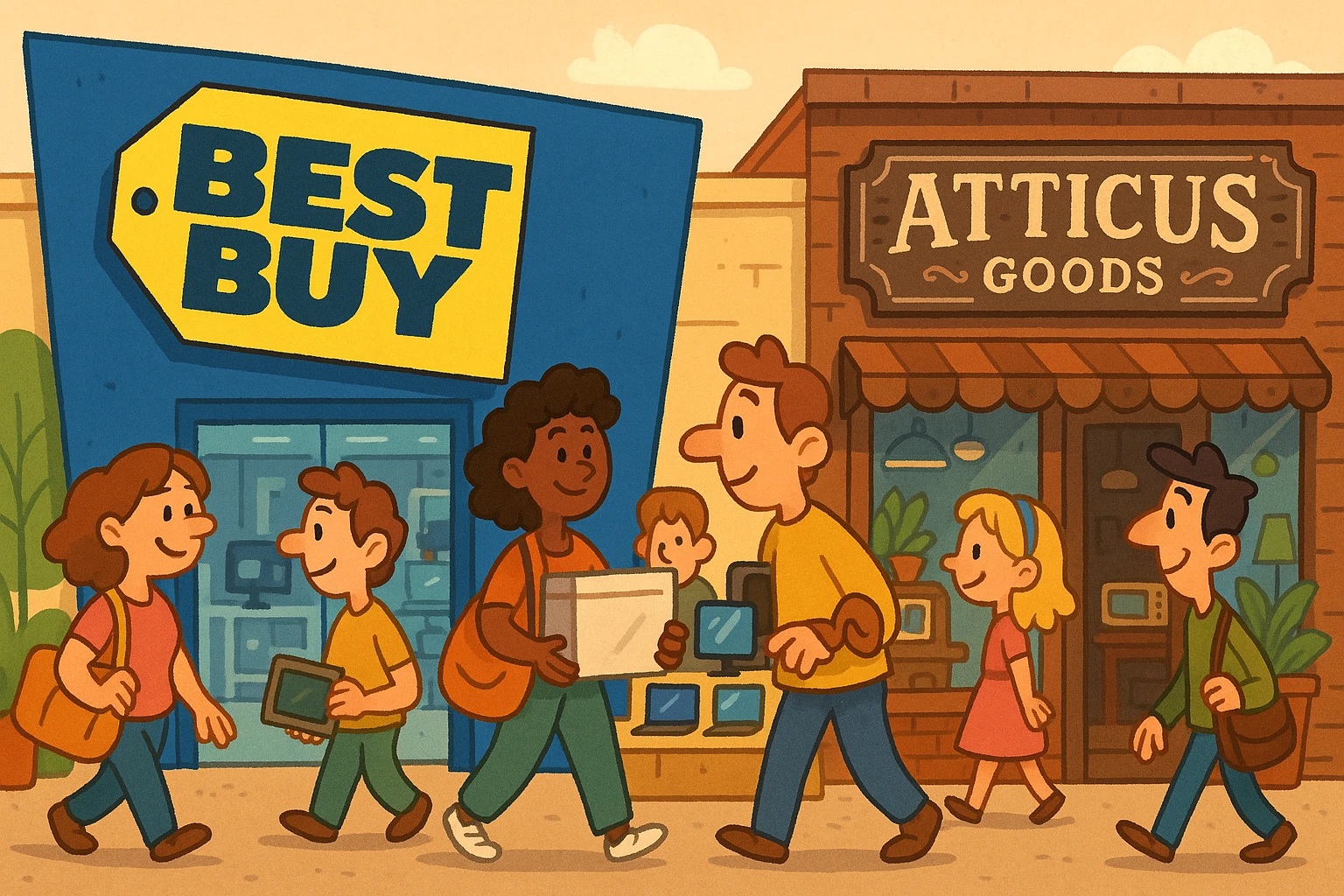 A vibrant storefront scene showcasing a Best Buy with its iconic blue and yellow logo, contrasted by a chic, rustic Atticus Goods store with vintage signage, surrounded by bustling shoppers exploring product displays.
