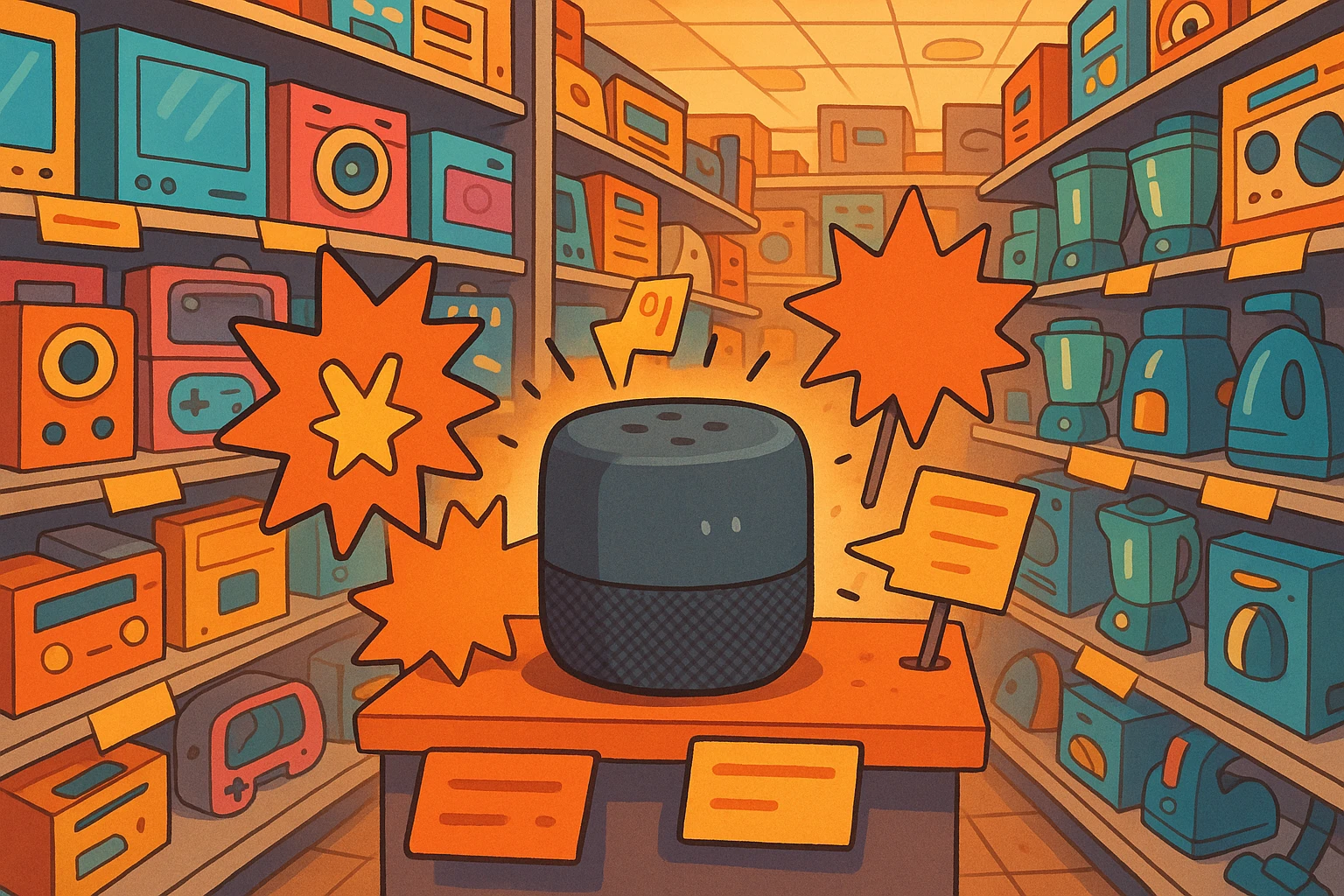 A bustling electronics store aisle filled with various gadgets and appliances, showcasing vibrant packaging and brand logos, with a focus on a prominently displayed discounted smart speaker surrounded by price tags and promotional signs.