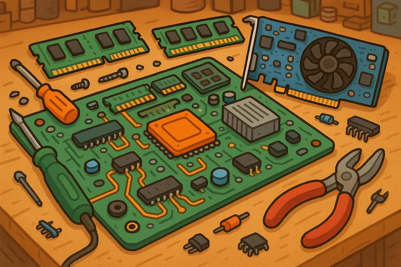 A close-up of a detailed circuit board and a variety of computer components, including RAM sticks and graphics cards, laid out on a workbench in a tech enthusiast's workshop, surrounded by small tools and electronic parts.