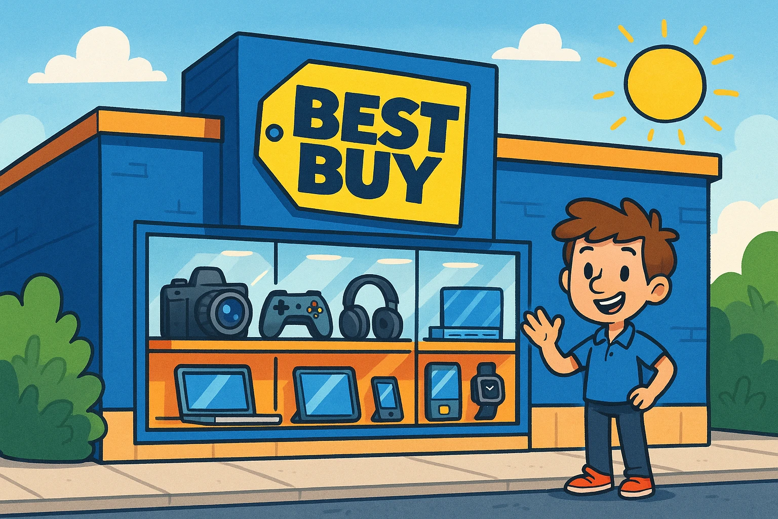 A vibrant storefront of Best Buy with its recognizable blue and yellow logo, featuring a display window filled with the latest electronics and gadgets under a bright, sunny sky.
