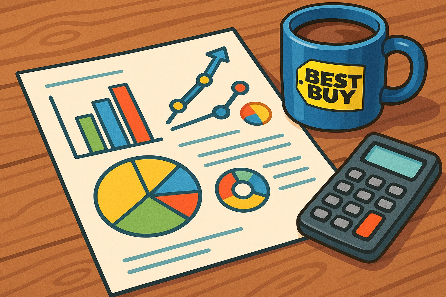 A detailed close-up of a financial report, featuring colorful graphs and pie charts emphasizing Best Buy's revenue growth, placed on a wooden table alongside a calculator and a branded blue and yellow coffee mug.