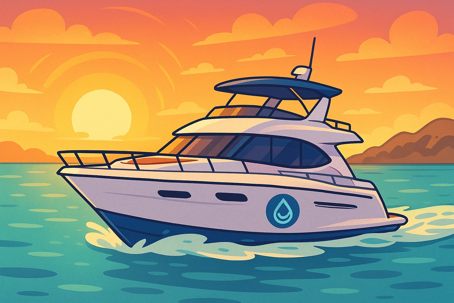 A luxurious yacht gliding through crystal-clear waters at sunset, with a sleek design showcasing modern amenities, framed by a distant coastline, and the Water Yacht Solutions logo elegantly displayed on the side.