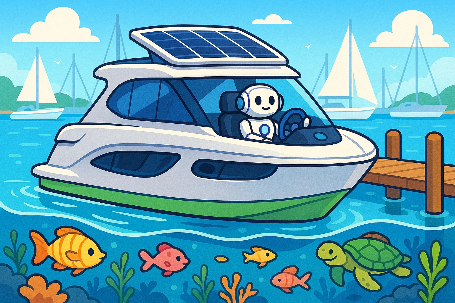 A futuristic yacht docked in a marina, showcasing a sleek, eco-friendly design with solar panels on the roof and an AI-integrated helm, surrounded by clear blue waters and vibrant marine life beneath the surface.