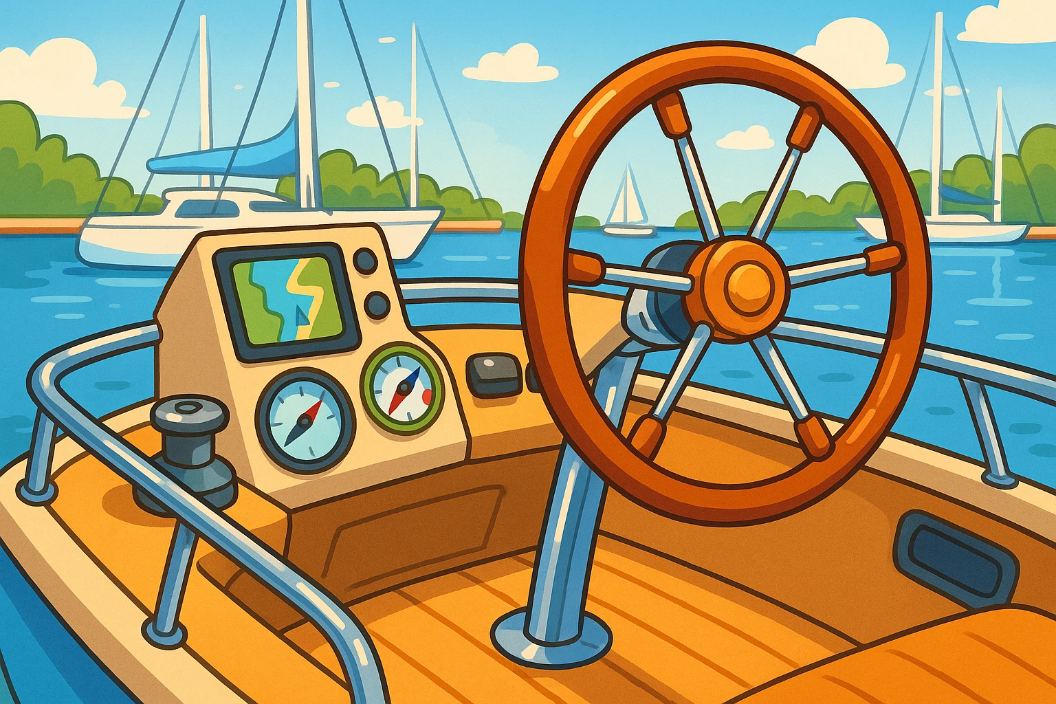 A close-up of a yacht's sleek deck with gleaming stainless steel fixtures, a polished wooden wheel, and nautical instruments, set against the backdrop of a sunlit marina.