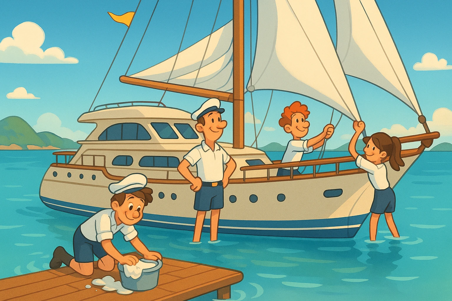 A luxurious yacht anchored in a calm bay, with crew members polishing the deck and adjusting sails, surrounded by crystal-clear water and distant islands under a clear blue sky.