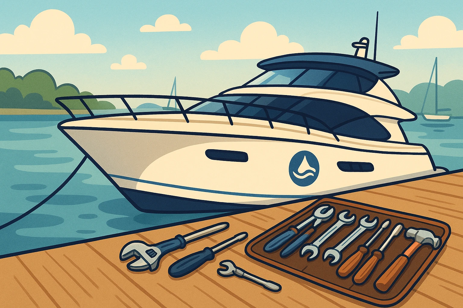 A luxurious yacht anchored at a serene marina, featuring a sleek, modern design with the Water Yacht Solutions logo prominently displayed on the hull; nearby, a hands-on toolkit from Atticus Goods is laid out on the wooden dock, showcasing high-quality tools and instruments used for yacht maintenance.