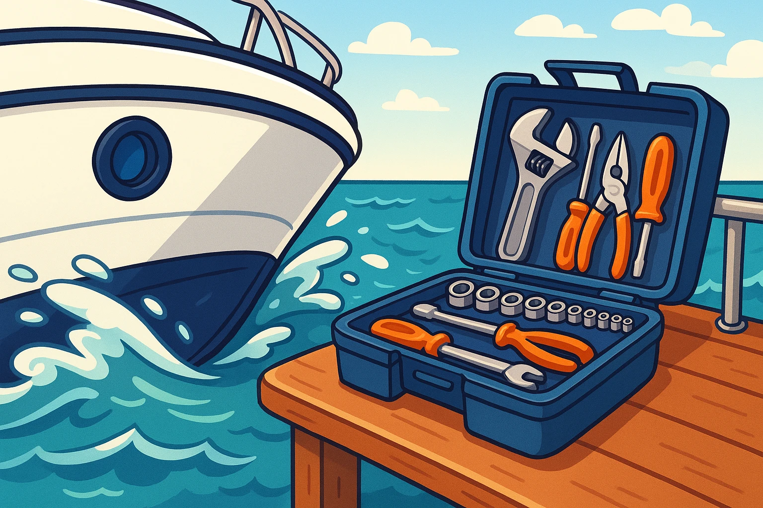 A close-up of a Water Yacht Solutions yacht hull gliding seamlessly through choppy waves, demonstrating its durability; beside it, a set of sleek Atticus Goods marine-grade toolkits rests on a polished, weather-resistant outdoor workbench onboard, highlighting their reliability in action.
