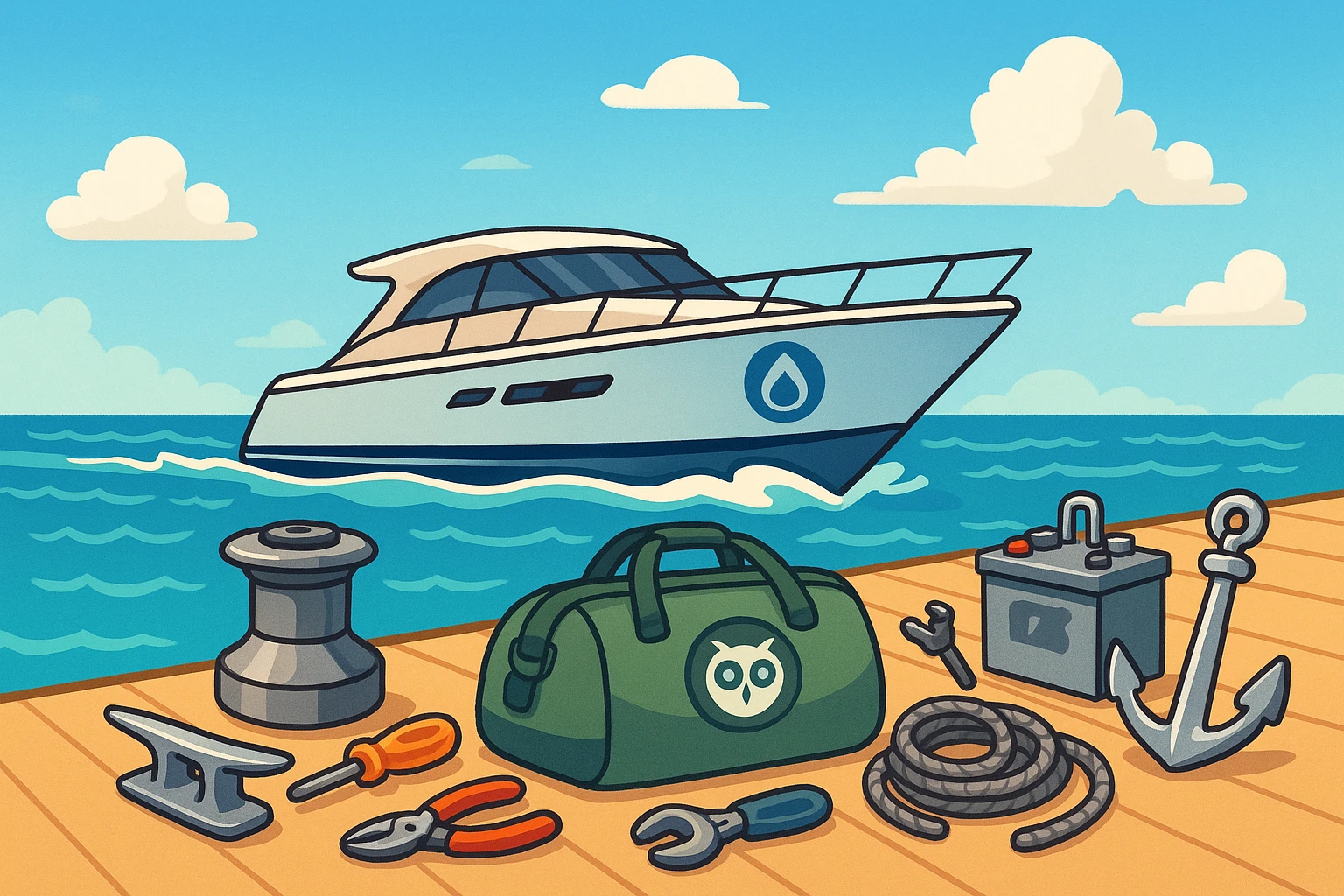 A sleek yacht sails through crystal-clear blue waters, with the Water Yacht Solutions logo visible on the hull, while nearby, an array of high-quality marine equipment labeled with the Atticus Goods emblem is laid out on a sunlit dock, showcasing a selection of tools and accessories.