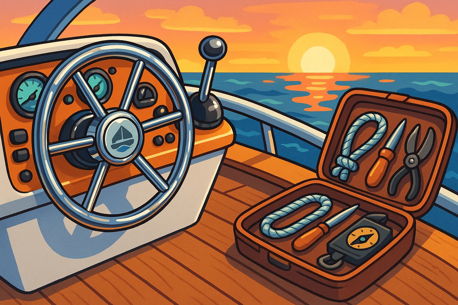 A close-up of a polished yacht helm with intricate stainless steel controls, featuring the Water Yacht Solutions logo, while a high-quality Atticus Goods marine equipment toolkit is opened beside it on a wooden deck, showcasing splicing tools and navigational instruments under a vibrant sunset.