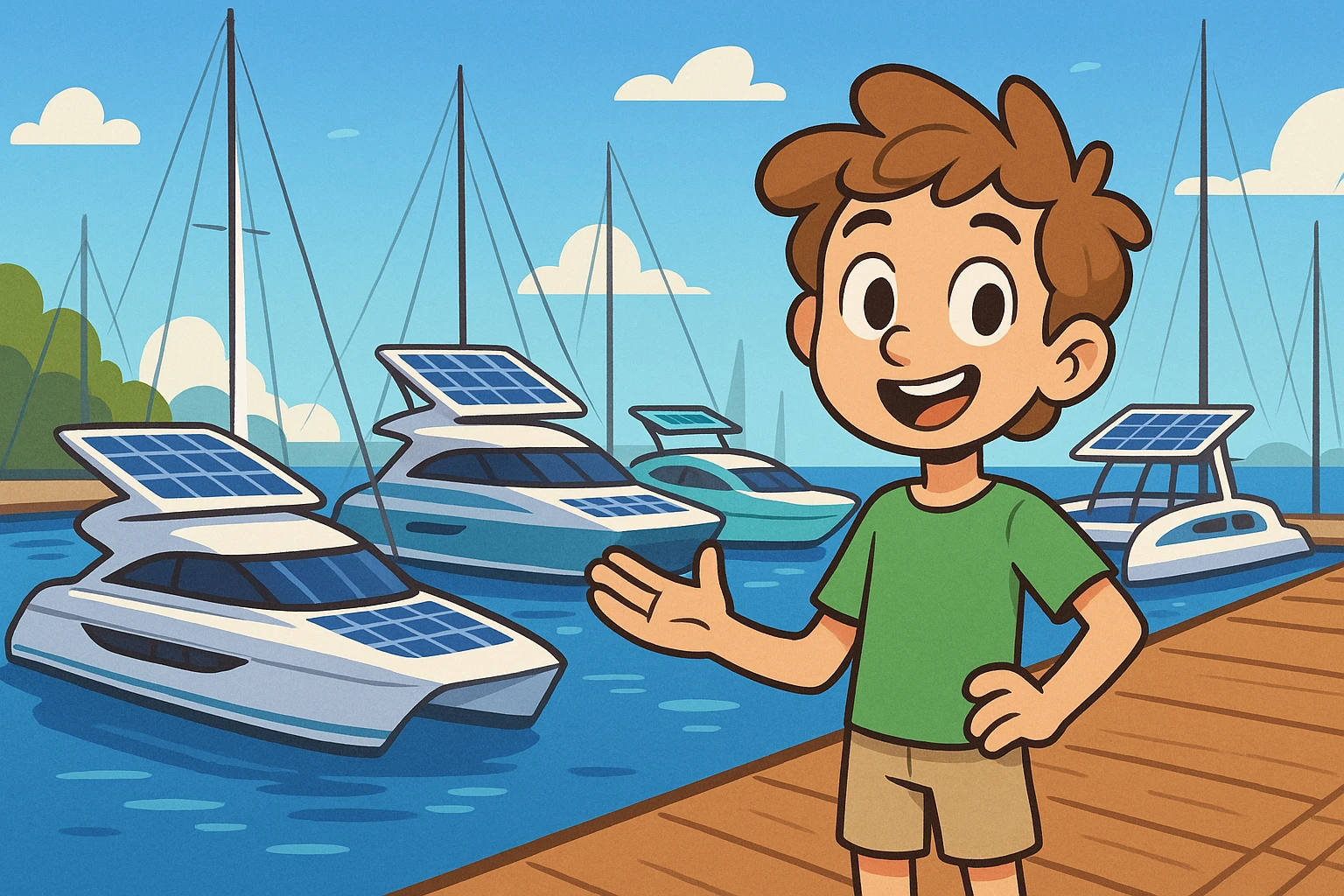 A sleek marina with various innovative eco-friendly yacht models moored at the dock, featuring solar panels and modern hull designs under a clear blue sky.