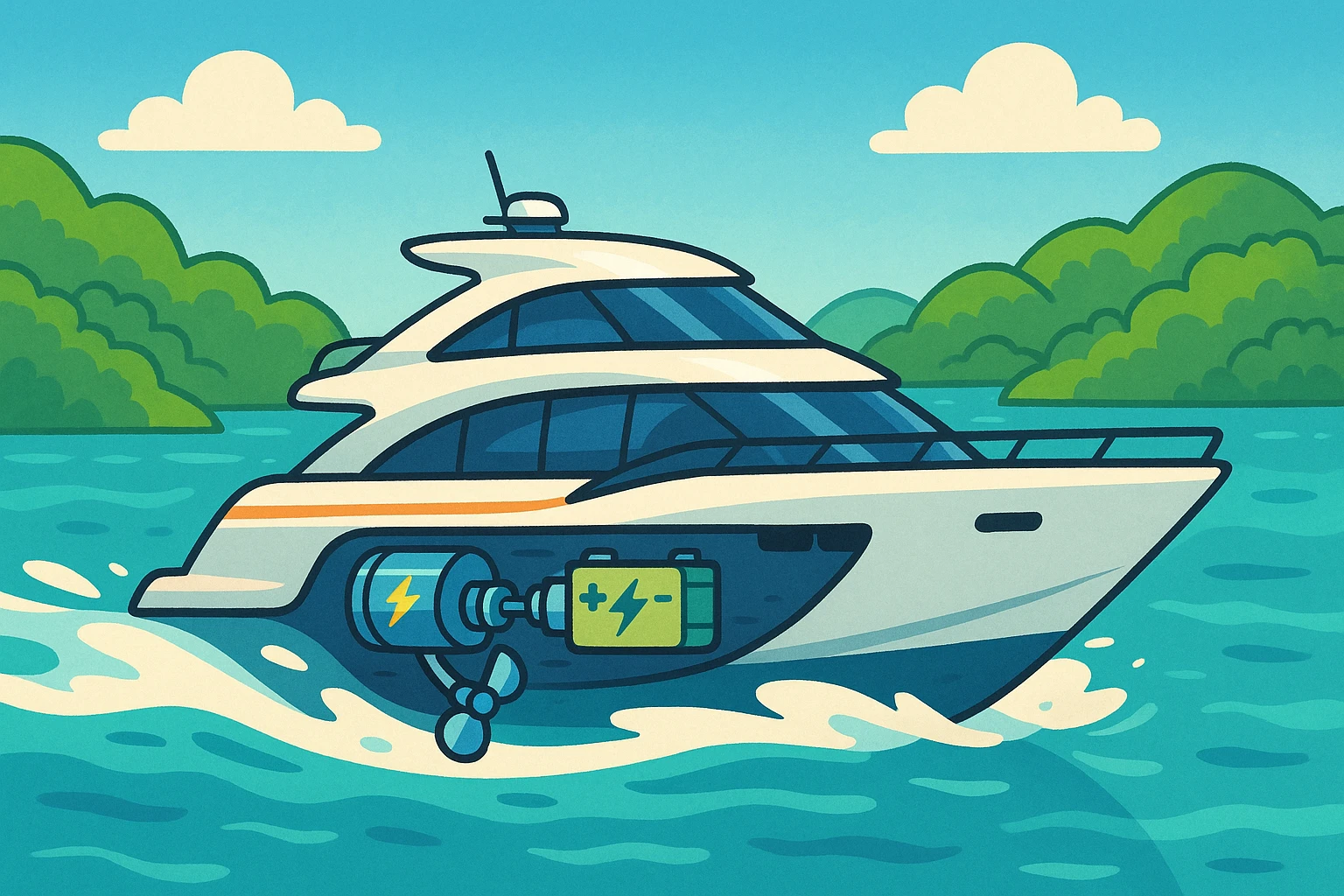 A futuristic yacht cutting through clear blue waters, featuring a visible hybrid propulsion system with electric motor components on display, surrounded by a backdrop of lush, green islands reflecting an eco-friendly journey.