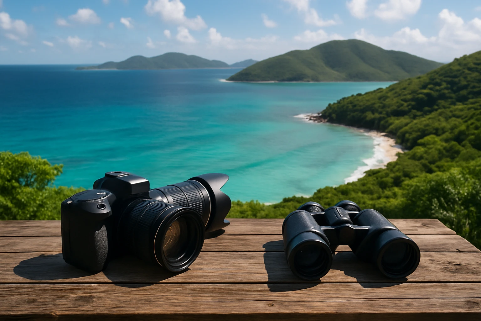 A serene view of the British Virgin Islands coastline with a private investigator's camera and binoculars placed on a rustic wooden table, overlooking the turquoise sea and lush greenery.