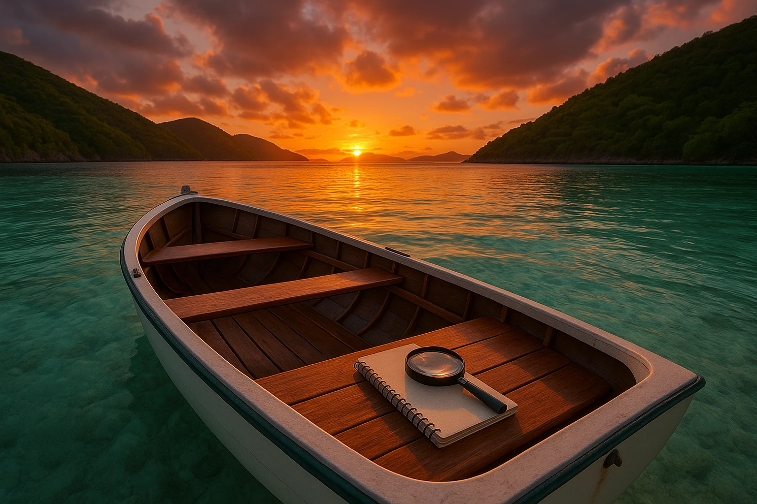 A sleek rowboat docked on a crystal-clear lagoon in Jost Van Dyke, with a magnifying glass and a notepad lying on the wooden seat, surrounded by lush green hills and a vibrant sunset in the backdrop.