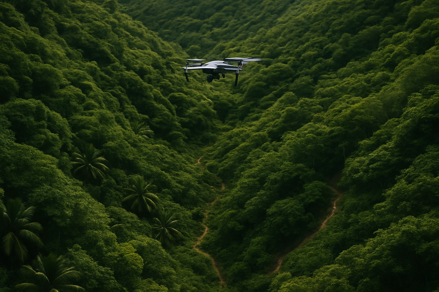 An aerial view of a dense tropical forest on Jost Van Dyke, with a drone subtly hovering above, capturing the rugged terrain and hidden trails below, symbolizing the uncovering of secrets.