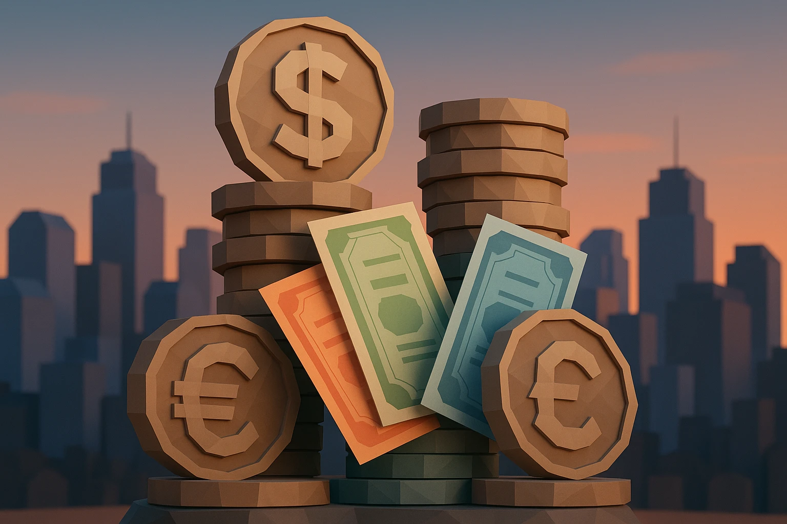 A close-up of a modern sculpture made from stacks of intricate, oversized mock-up currency coins and colorful corporate bond certificates, set against a backdrop of an urban skyline at dusk, symbolizing the interconnectedness of global finance.