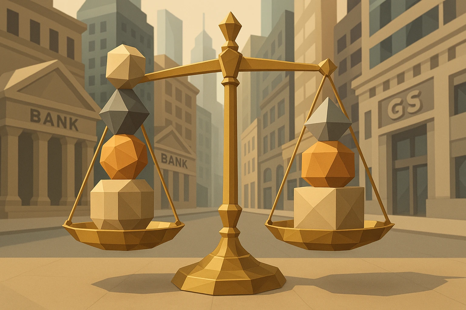 A polished brass scale balancing stacks of varied geometric blocks labeled with different financial terms, set against the backdrop of a bustling city street filled with iconic banks and financial institutions, illustrating the precision and impact of corporate debt advisory.