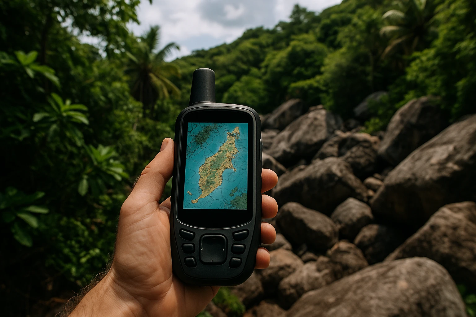 A handheld GPS device displaying a detailed map of Virgin Gorda, surrounded by dense tropical foliage and rugged, rocky terrain, symbolizing the intricate navigation challenges faced during private investigations on the island.