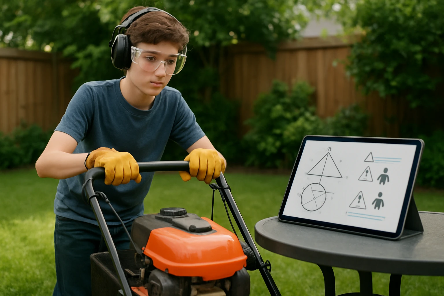 A young teenager in a backyard wearing safety goggles and gloves, carefully mowing the lawn while a tablet on a nearby table displays geometric calculations and safety tips.