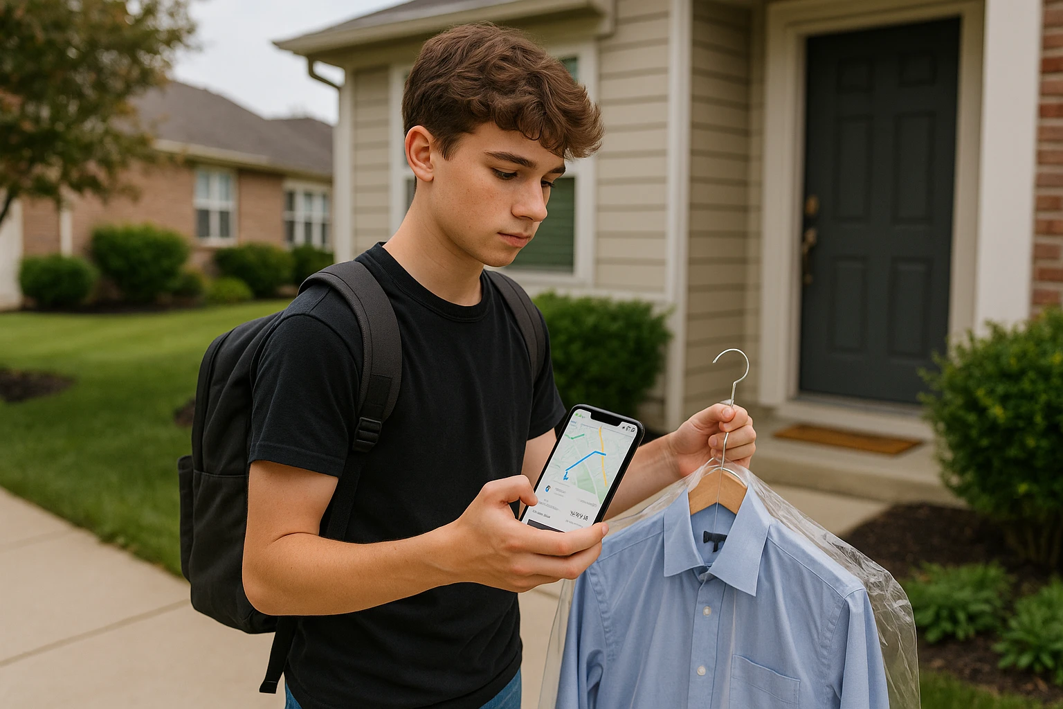 A teenager with a backpack is delivering dry cleaning to a neighbor's doorstep in a suburban neighborhood, while holding a smartphone displaying route optimization and transaction details.