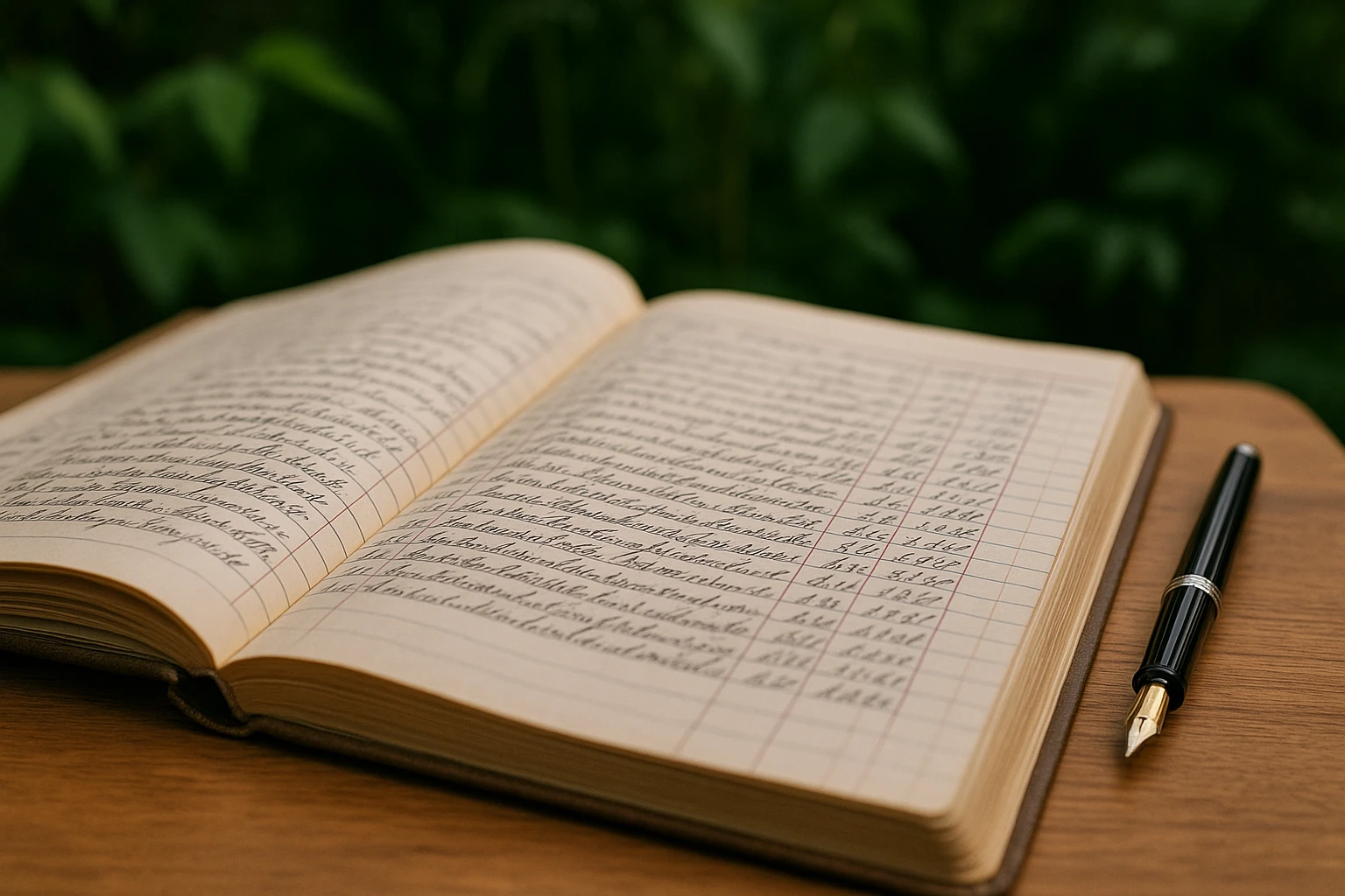 A close-up of a detailed ledger with handwritten entries, placed on a natural wood table with a fountain pen resting beside it, set against a backdrop of lush green plants outdoors.