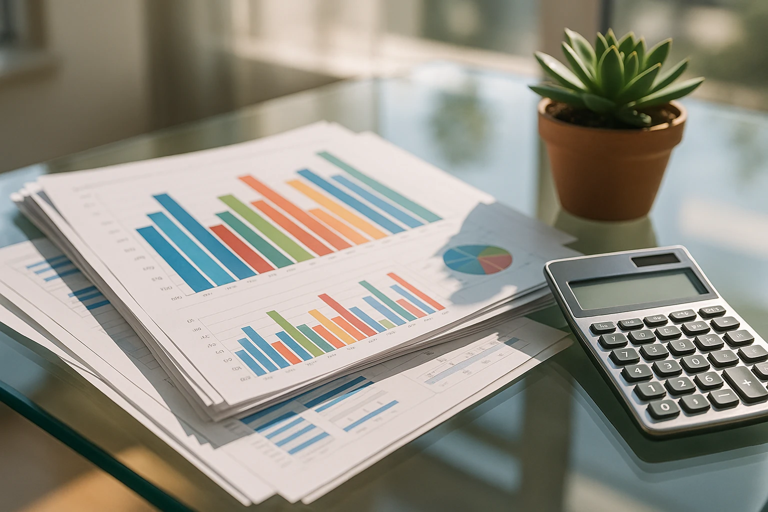 A stack of financial reports and colorful bar graphs printed on glossy paper laid out on a glass table, with a sleek silver calculator and potted succulent plant nearby in a sunlit room.