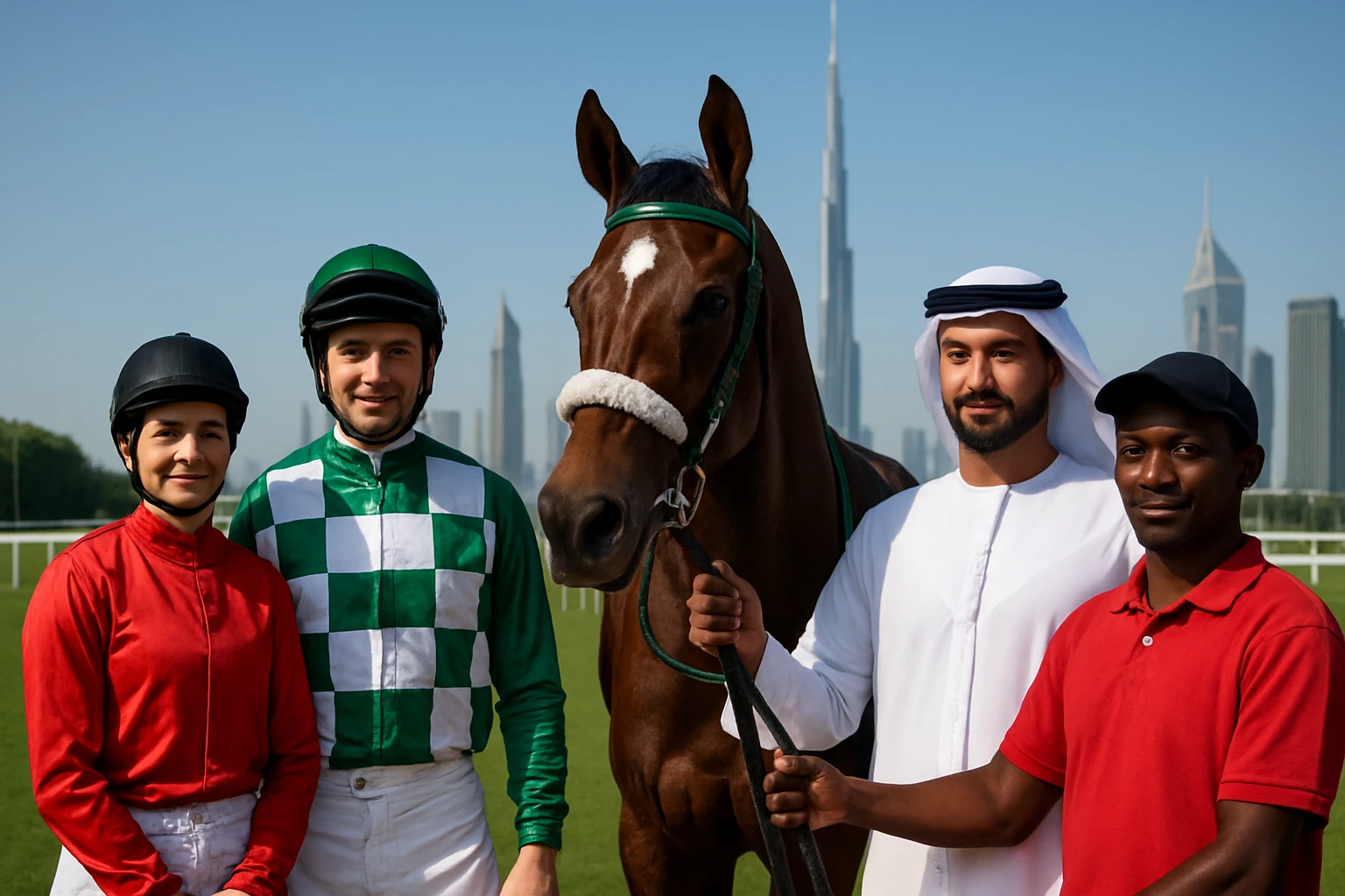 A group of diverse individuals in racing attire standing beside a sleek, elegant racehorse at a lush, green racetrack in the UAE, with the iconic Burj Khalifa visible in the background under a clear blue sky.