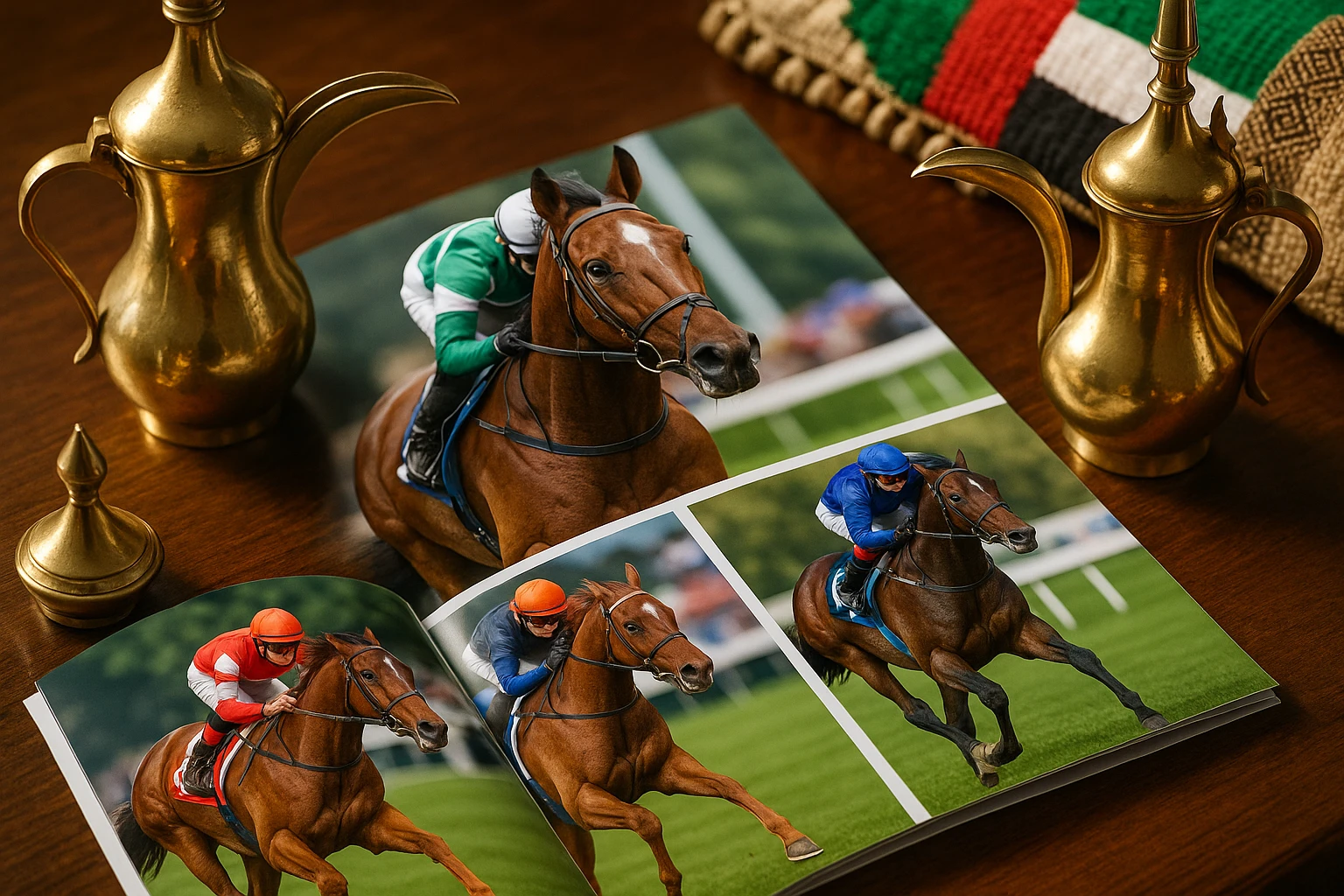 A detailed close-up of a glossy brochure on racehorse syndication, featuring vibrant images of racehorses in action, set against a table embellished with Arabian coffee pots and traditional UAE decor, highlighting the cultural blend of modern and traditional elements.