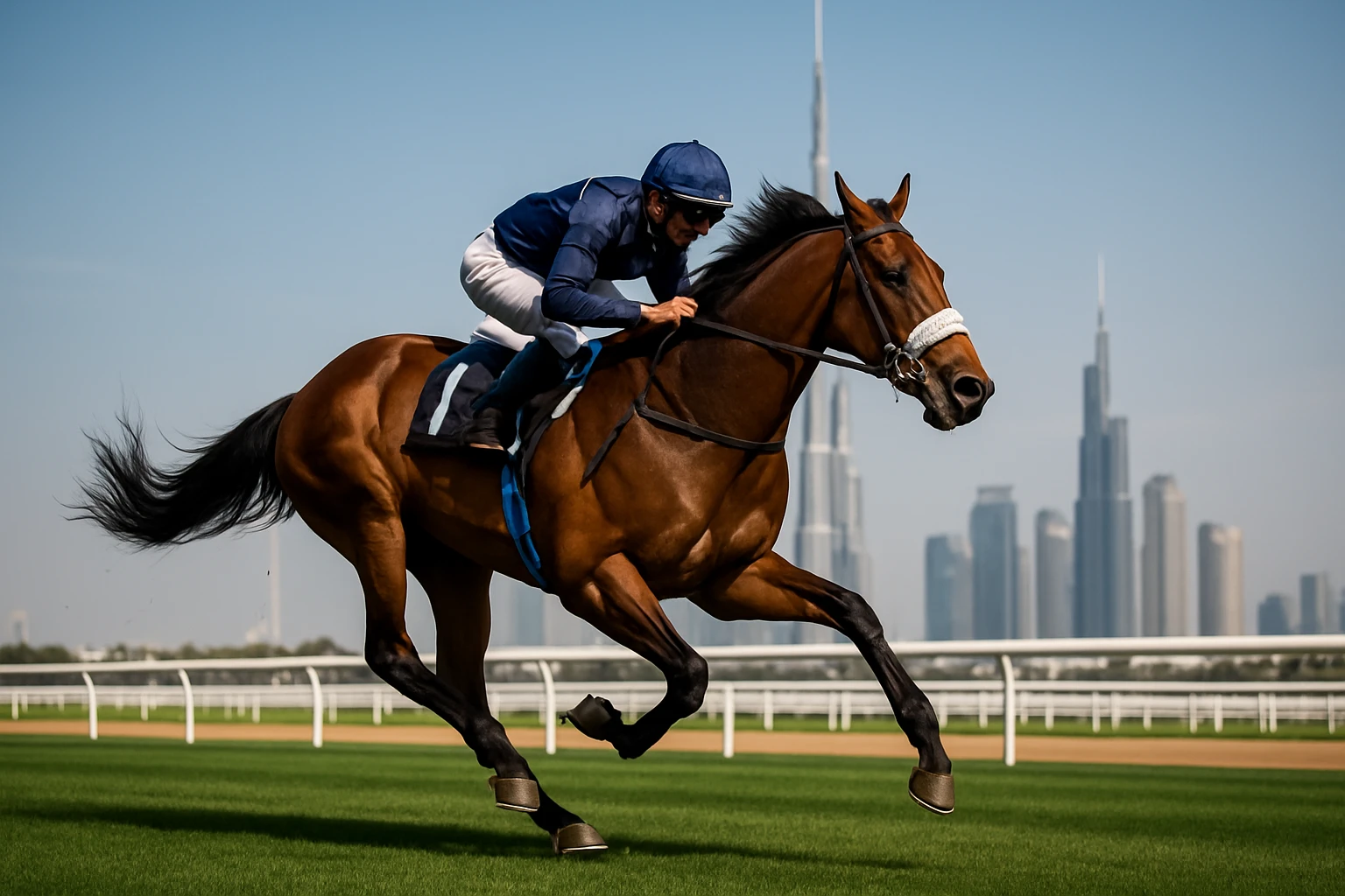 A racehorse in full stride on a vibrant Dubai racecourse, with the iconic Burj Khalifa visible in the background, capturing the moment of competitive excitement and luxury.
