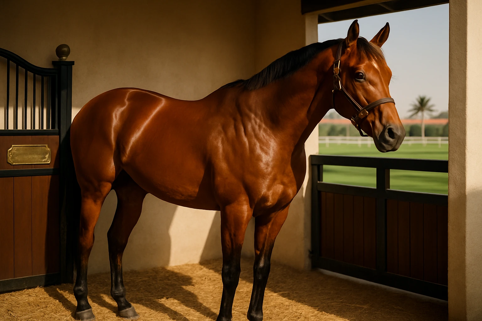 A gleaming chestnut racehorse stands in a sunlit stable at Meydan Racecourse, its coat shining under the warm desert sun, while elegantly engraved brass nameplates and lush green paddocks hint at the luxury and cost of ownership in Dubai.