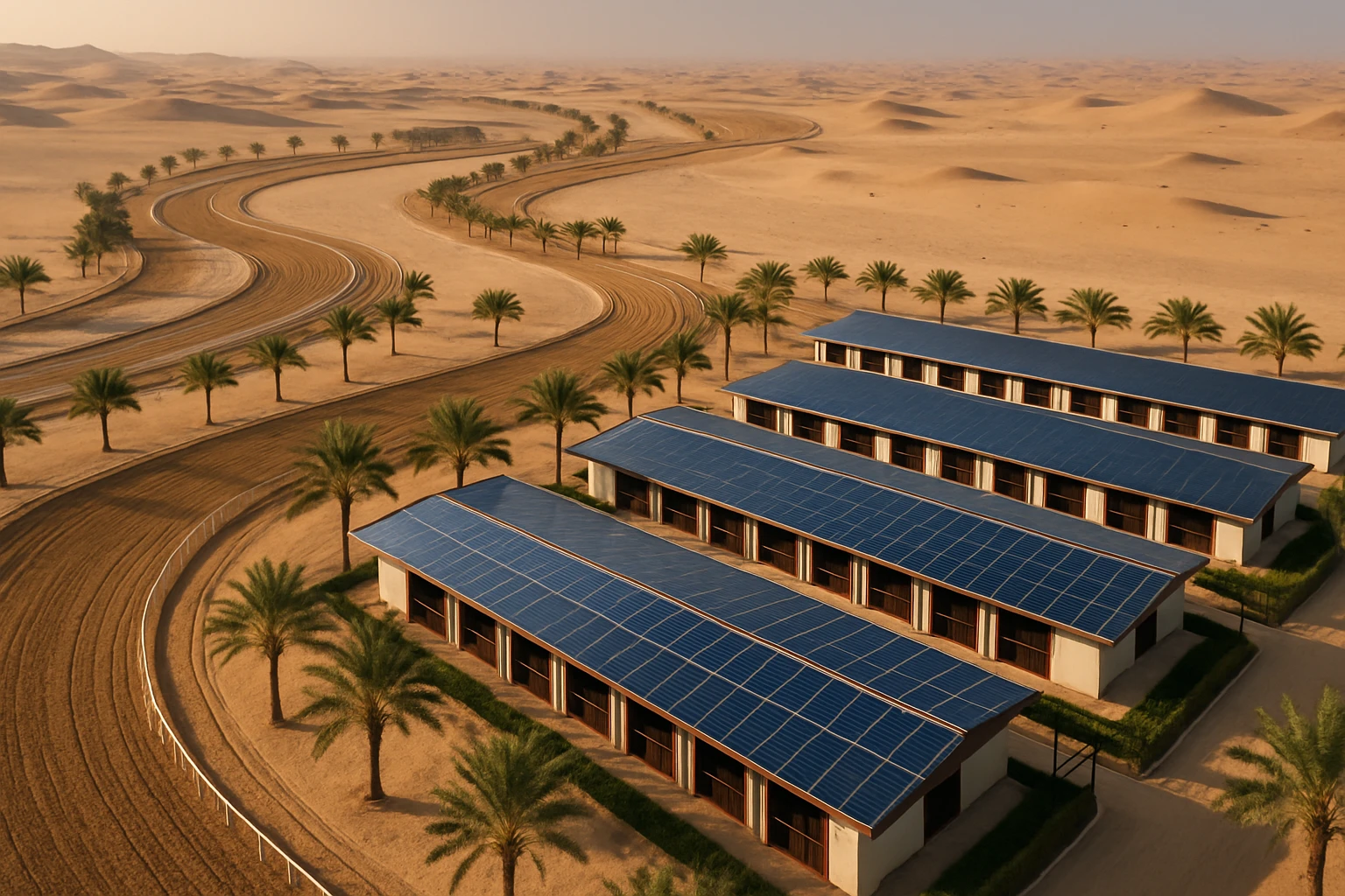 Aerial view of a luxurious equine training facility in Dubai, featuring expansive sand tracks winding through the desert landscape, lined with palm trees, and a series of sleek, modern stables with reflective solar panels on the roofs, emphasizing both sustainability and opulence.