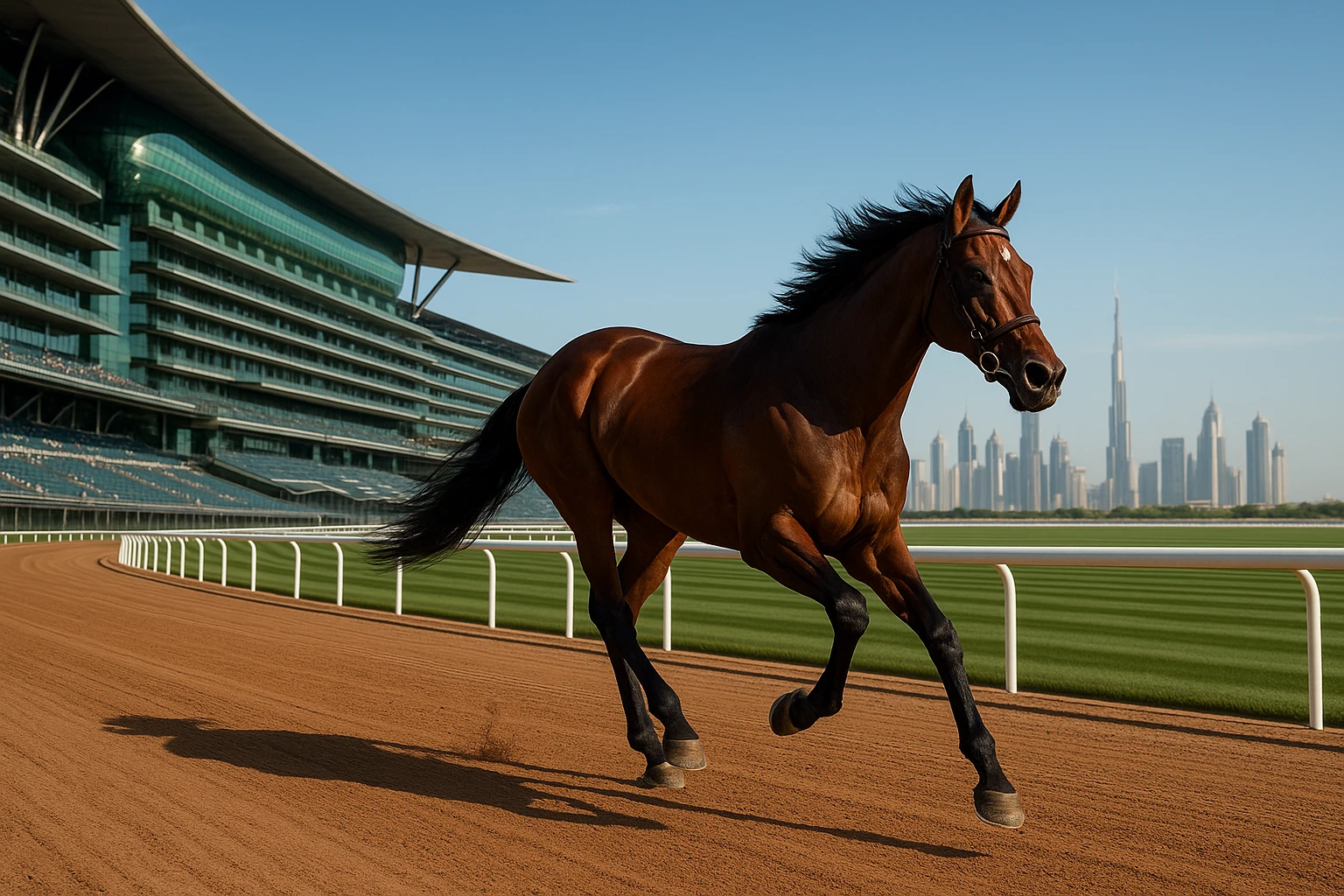 A majestic racehorse gallops on the pristine track at Meydan Racecourse, surrounded by the iconic grandstand, with the vibrant UAE skyline in the background under a clear blue sky.