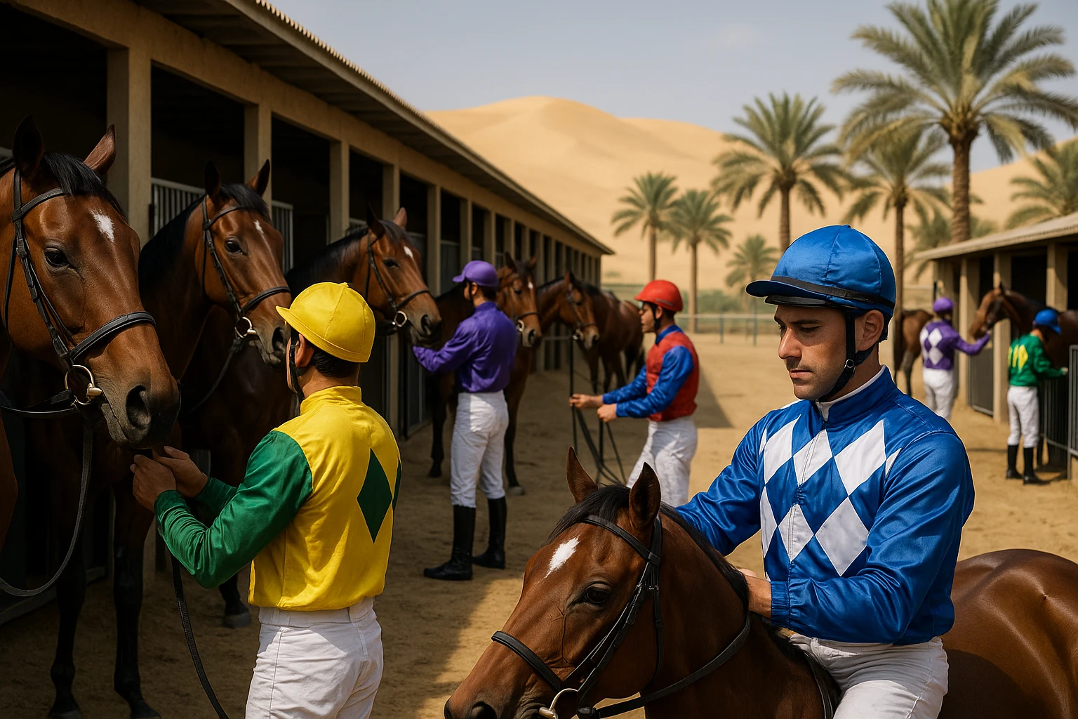A group of jockeys in colorful silks tending to thoroughbred racehorses in the stables, with sand dunes visible in the distance and palm trees lining the training area under a sunny UAE sky.