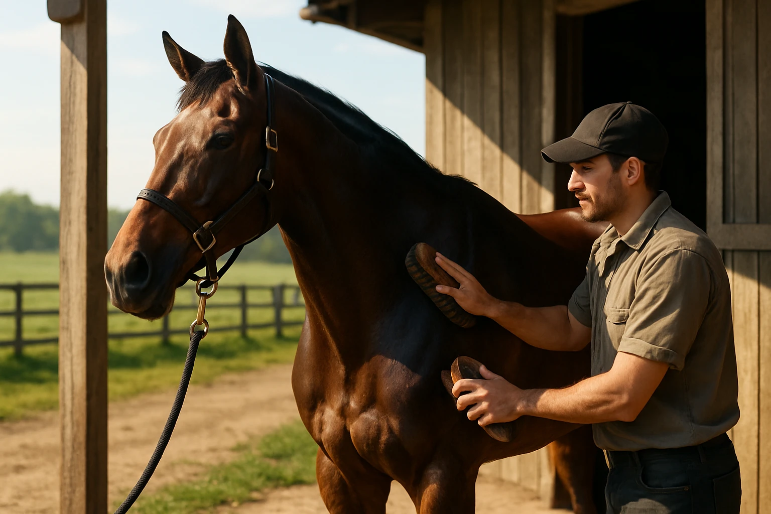 A vibrant scene at the stables: a sleek racehorse, shining under the morning sun, is gently being groomed by a stable hand, with the open countryside visible in the background.
