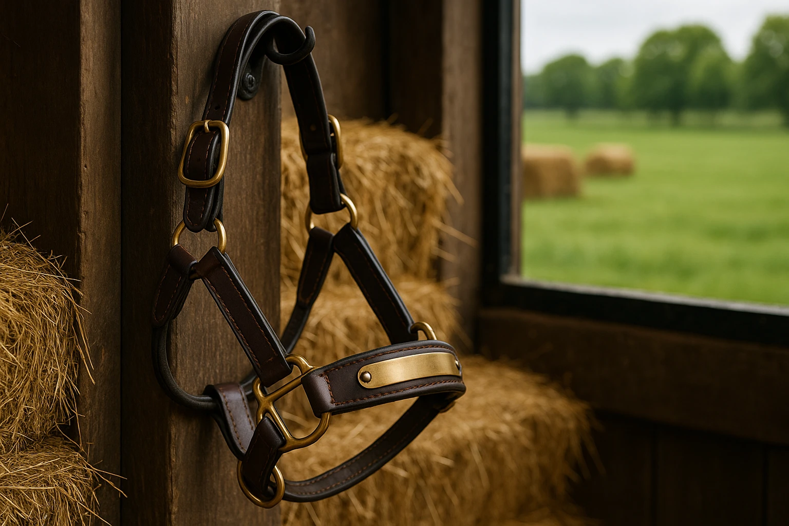 A close-up of a leather halter hanging on a stable door, with the engraved nameplate of a racehorse, surrounded by hay bales and a vibrant green pasture visible through the stable window, emphasizing care and the serene environment.