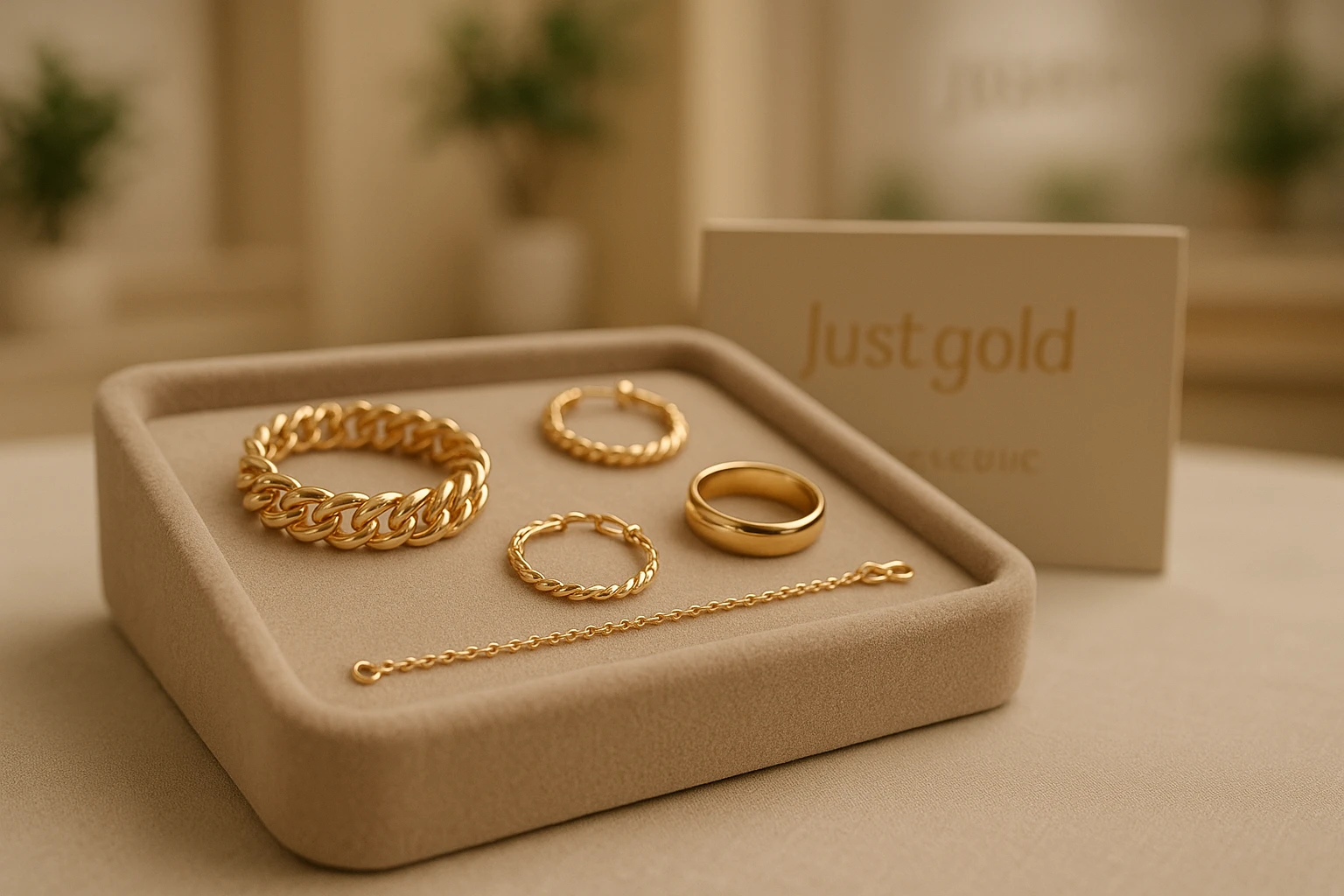 A close-up of elegant gold jewelry displayed on a stylish velvet tray, with a small sign next to it that reads