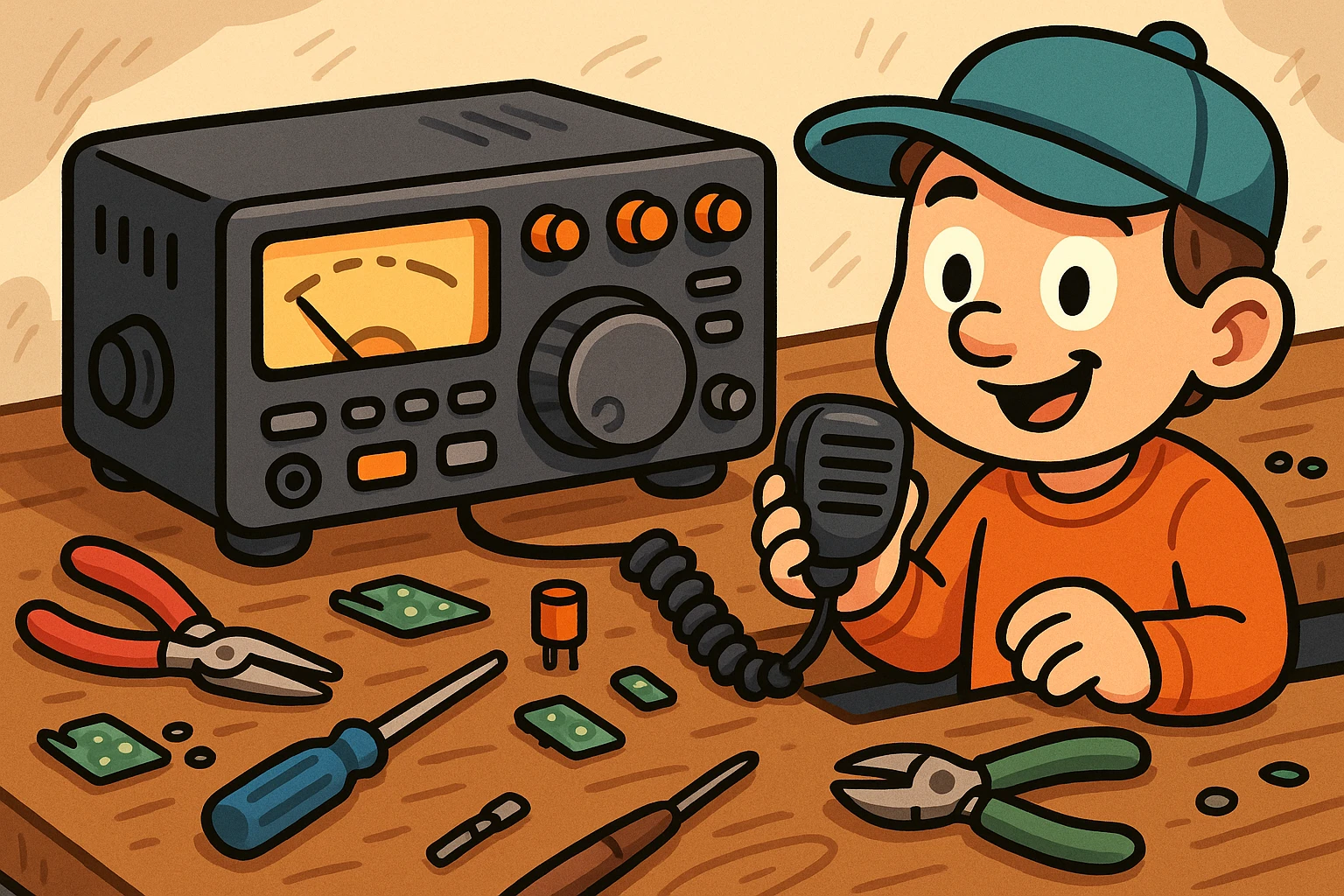 A close-up of a modern ham radio transceiver on a wooden workbench, surrounded by tools and components, showcasing Radioworld Inc.'s range of communication devices.