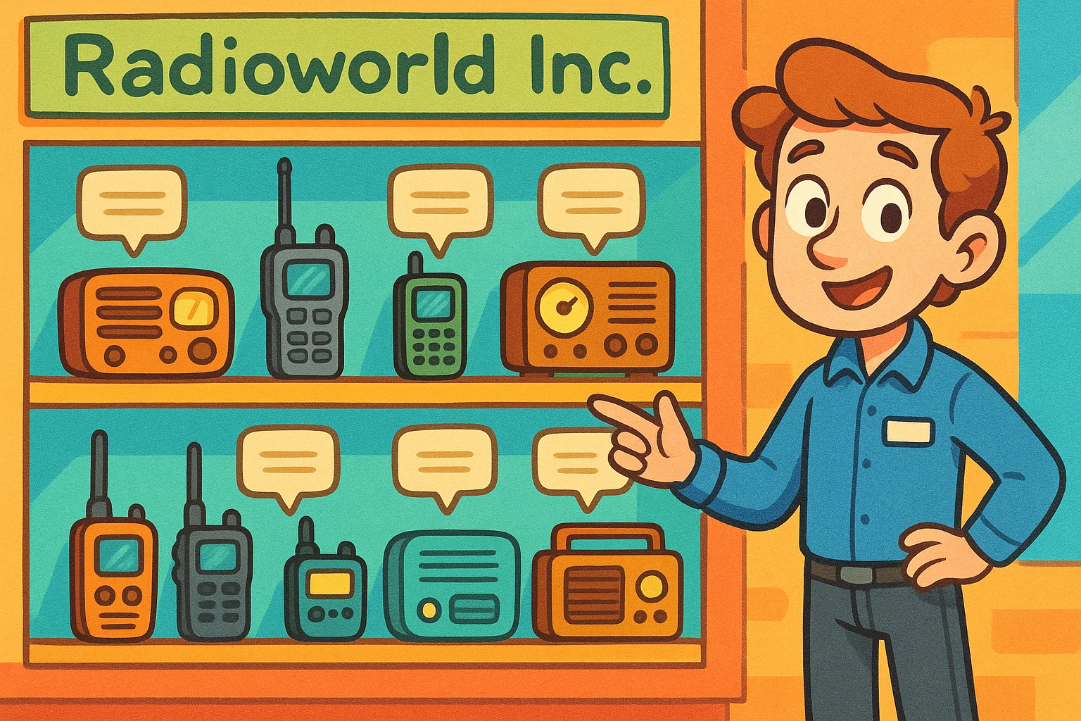 A colorful storefront display showcasing an array of communication devices, including vintage radios and modern walkie-talkies, with informative placards detailing expert advice from Radioworld Inc.'s staff.