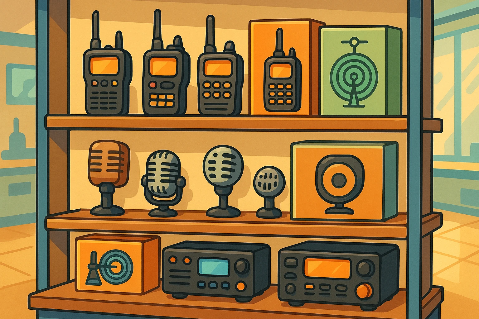 A display shelf in a specialty store featuring an assortment of high-end radio equipment, including handheld transceivers, vintage microphones, and compact antenna kits, with colorful packaging and brand logos in a well-lit, modern retail space.