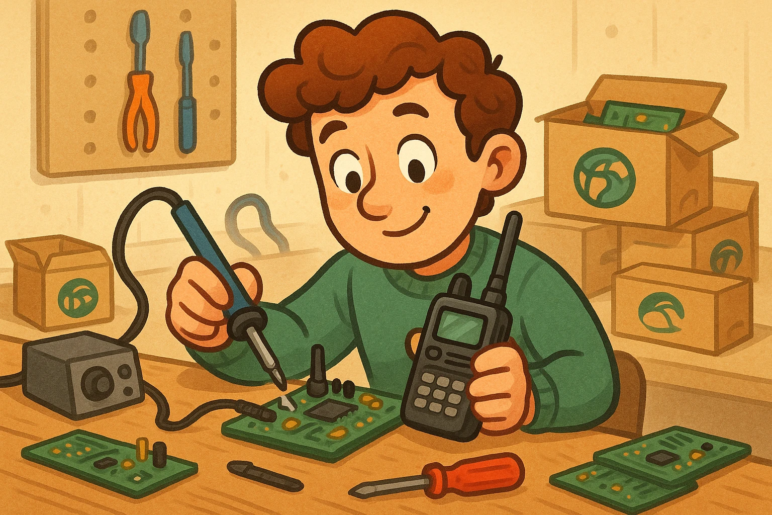 A person in a workshop meticulously assembling a two-way radio, surrounded by tools like soldering irons and circuit boards, with Radioworld Inc's logo visible on the packaging of components scattered around.
