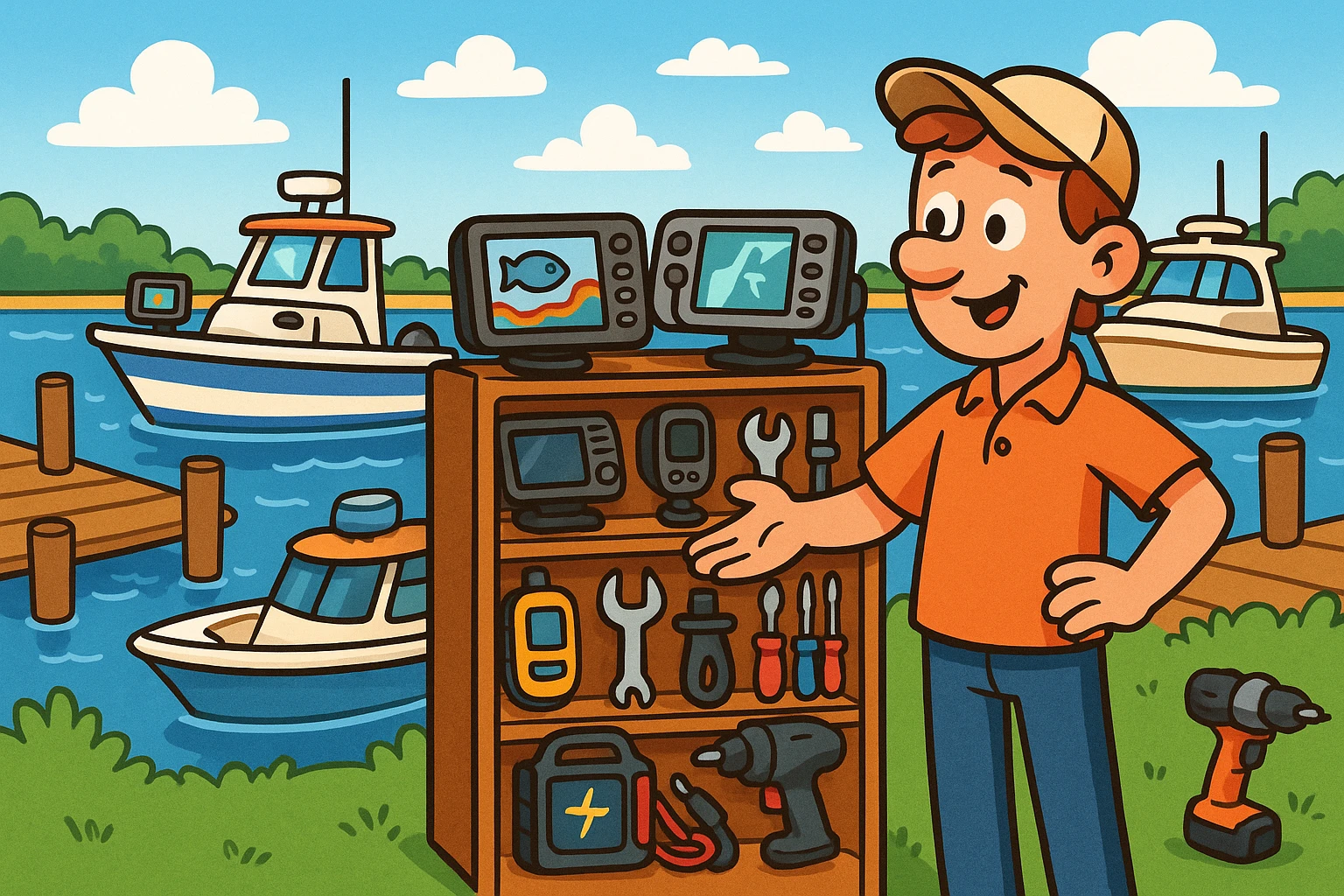 A vibrant outdoor scene showcasing a marina with boats equipped with advanced marine electronics from Radioworld, while a neatly arranged rack displays a variety of sophisticated gadgets and automotive tools from Atticus Goods, with clear branding visible on each product.