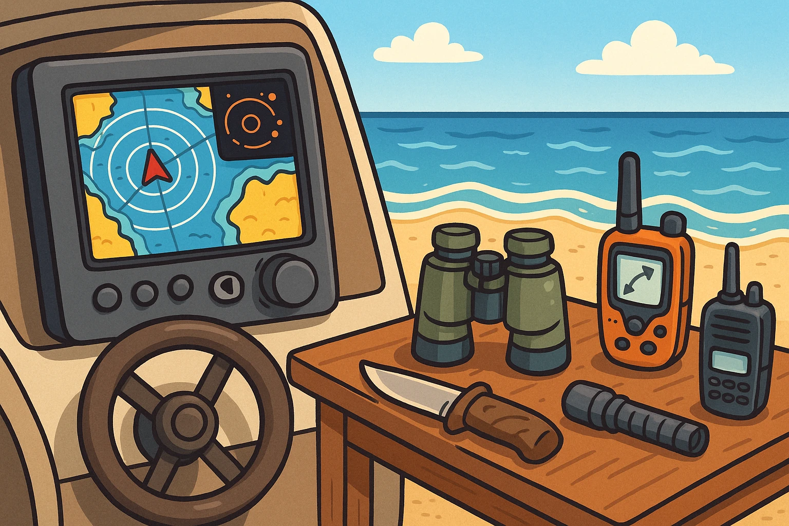 A close-up of an advanced marine navigation system from Radioworld, installed in the control panel of a sleek yacht, juxtaposed with an assortment of rugged outdoor gadgets and tools from Atticus Goods displayed on a wooden beachside table, with the ocean in the background.