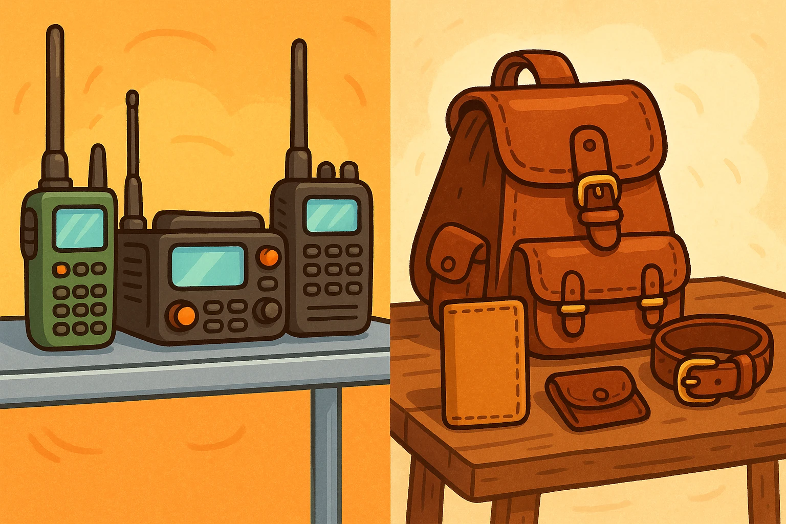 A close-up of two distinct product lines, one showcasing high-tech radio communication devices from Radioworld Inc., sitting on a sleek metal shelf, and the other displaying handcrafted leather goods from Atticus Goods on a rustic wooden table, highlighting their unique brand identities.