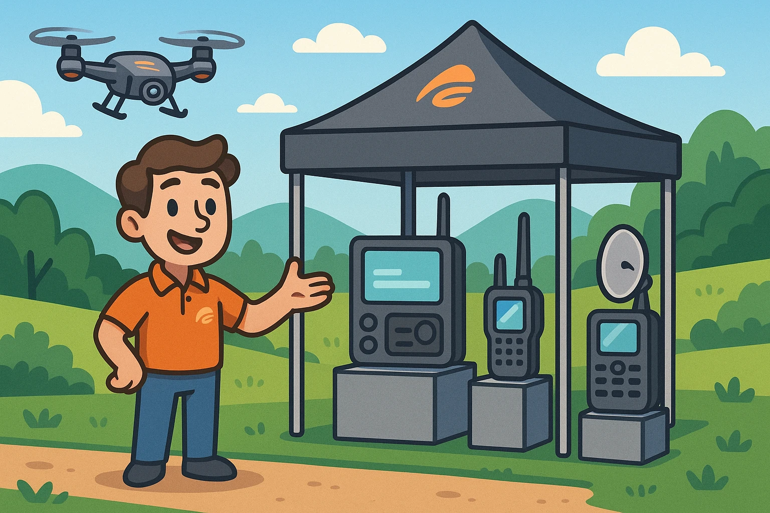 A scenic outdoor setting featuring a tech-driven Radioworld Inc. promotional event, with a sleek tent showcasing their digital receivers and satellite communication tools, placed on modern display stands. Nearby, a brand-branded drone hovers, capturing the lively atmosphere amidst a backdrop of rolling hills and a clear blue sky.