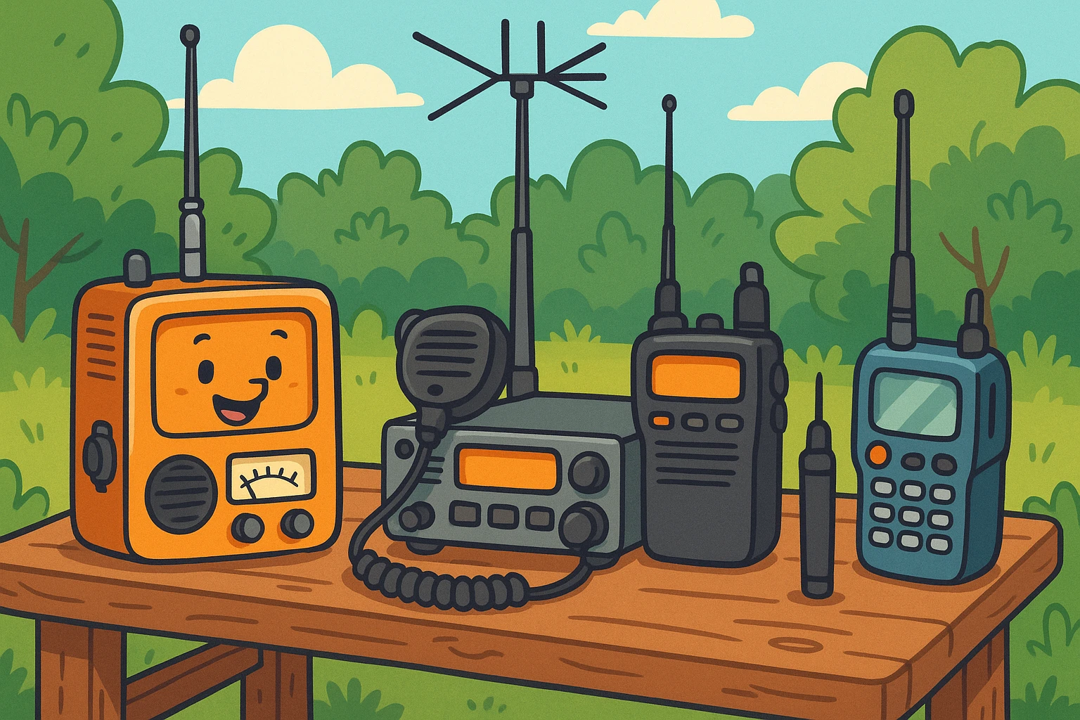 A collection of vintage and modern radio communication devices displayed on a rustic wooden table outdoors, with a backdrop of lush greenery, showcasing an array of antennas, transceivers, and handheld radios.