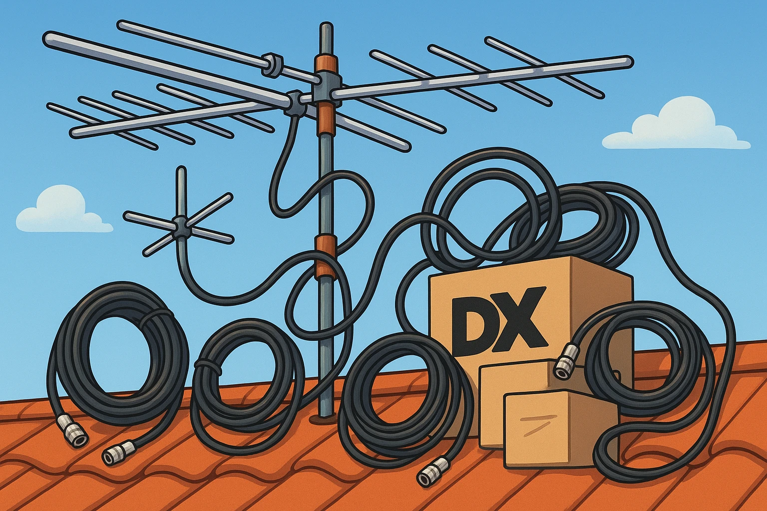 A close-up shot of an intricate radio antenna setup on a rooftop against a clear blue sky, accompanied by various coiled cables and connectors neatly organized alongside branded boxes labeled 