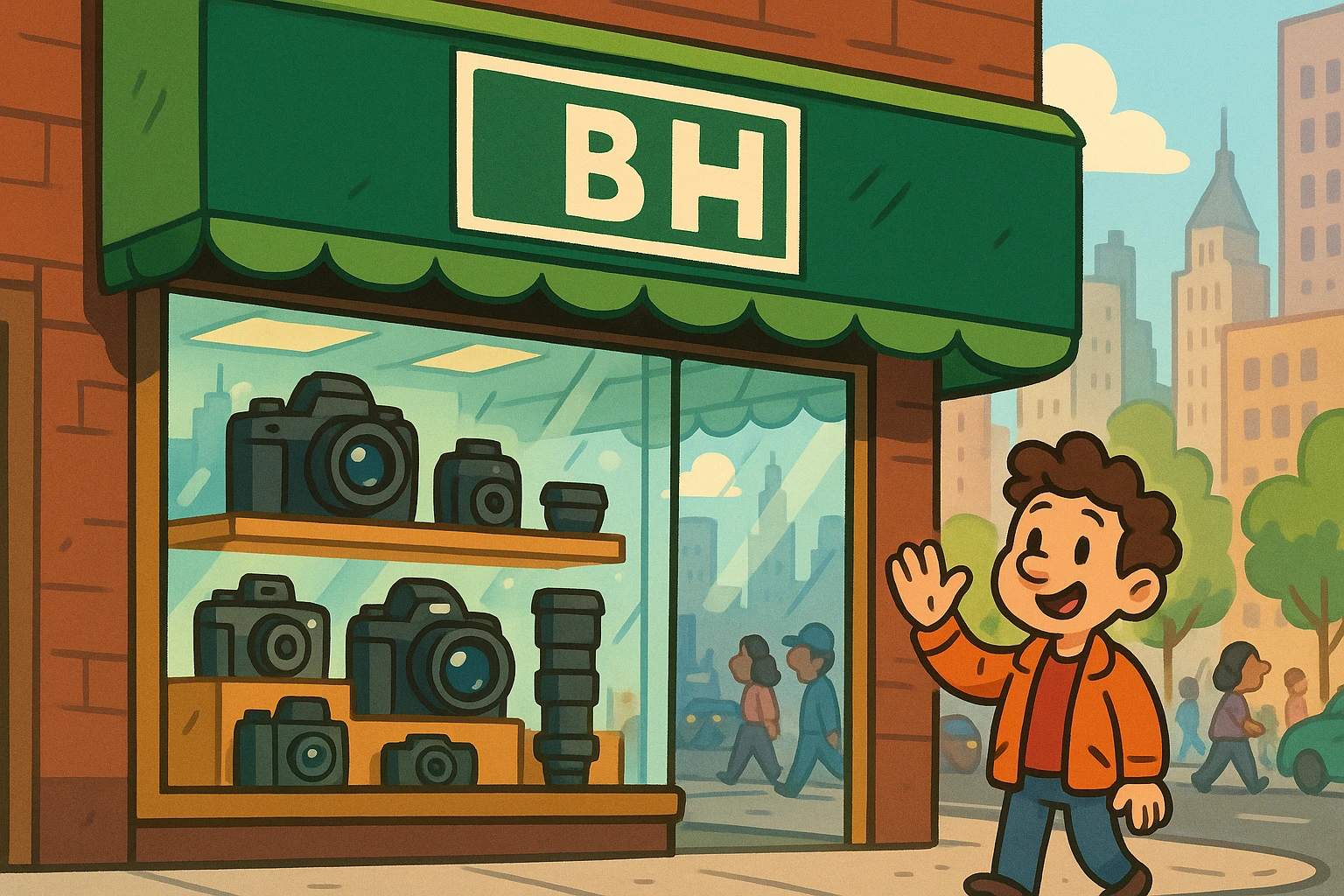 A vibrant storefront of B&H Photo Video in New York City, showcasing an array of high-end cameras and lenses displayed in the large windows beneath the iconic green and white logo, with bustling city life reflected in the glass.