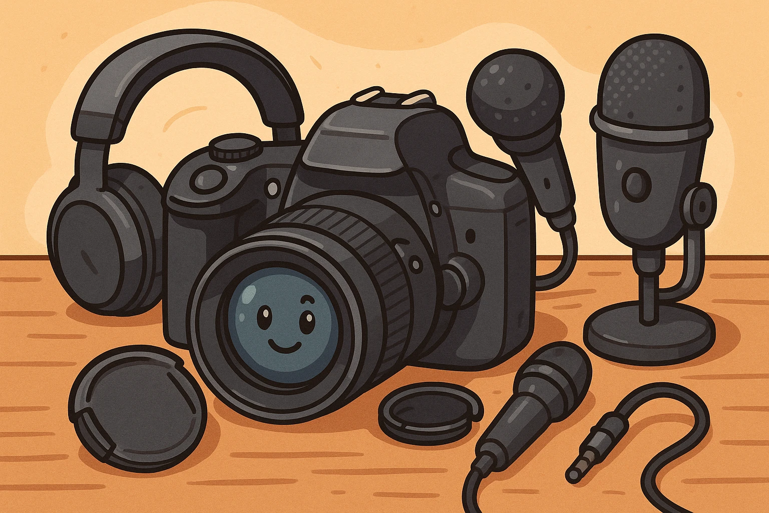 A close-up of a sleek DSLR camera with a lens cap partially removed, surrounded by neatly arranged audio equipment like headphones and microphones on a wooden table, highlighting the range of products available at B&H Photo Video.