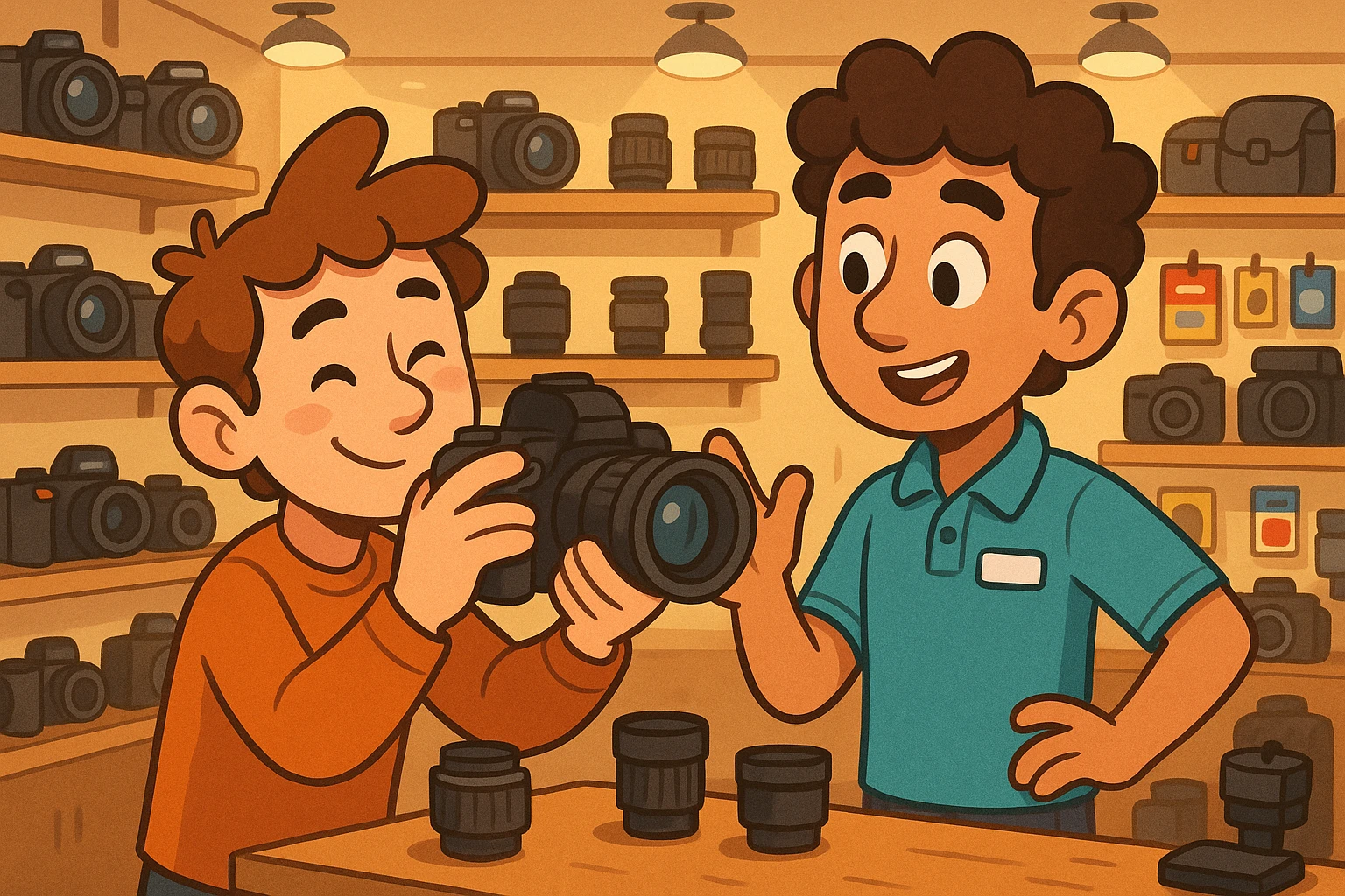 A bustling store interior with rows of high-end cameras and lenses on display, a customer tries out a DSLR camera while a staff member offers guidance, surrounded by well-lit shelves filled with photography gear and accessories.