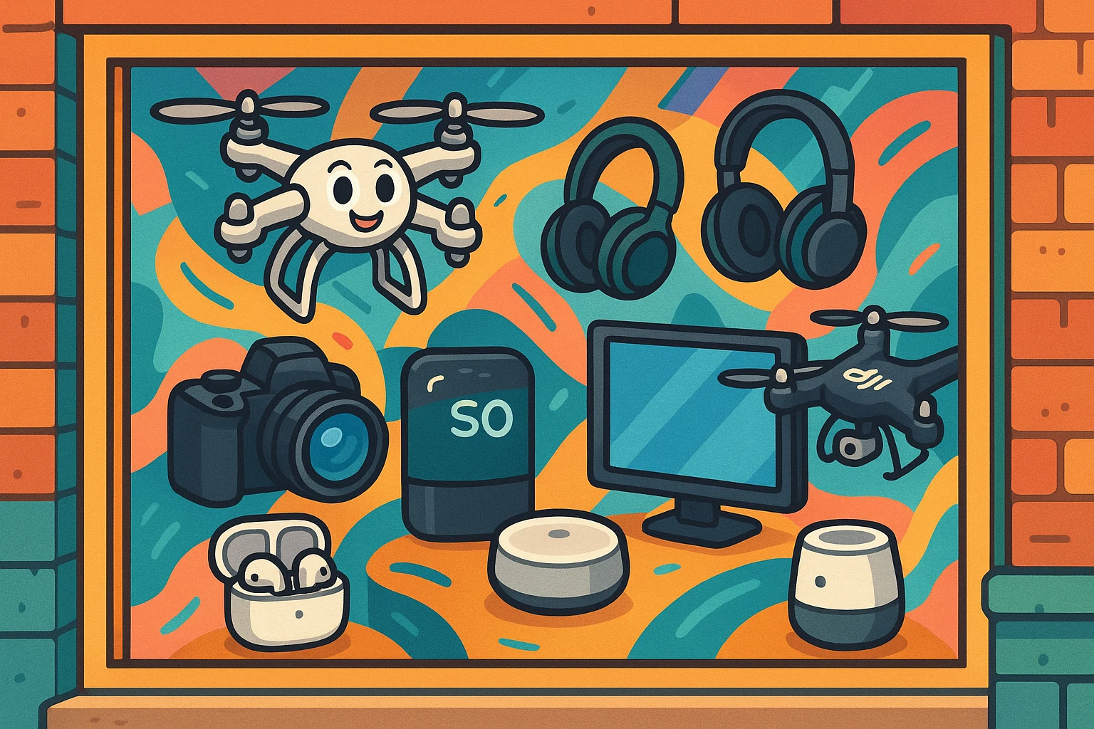 A vibrant display window of B&H Photo Video featuring a variety of consumer electronics, including drones, headphones, and smart home devices, with prominent brands like Sony and DJI visible against a backdrop of dynamic, modern graphics.